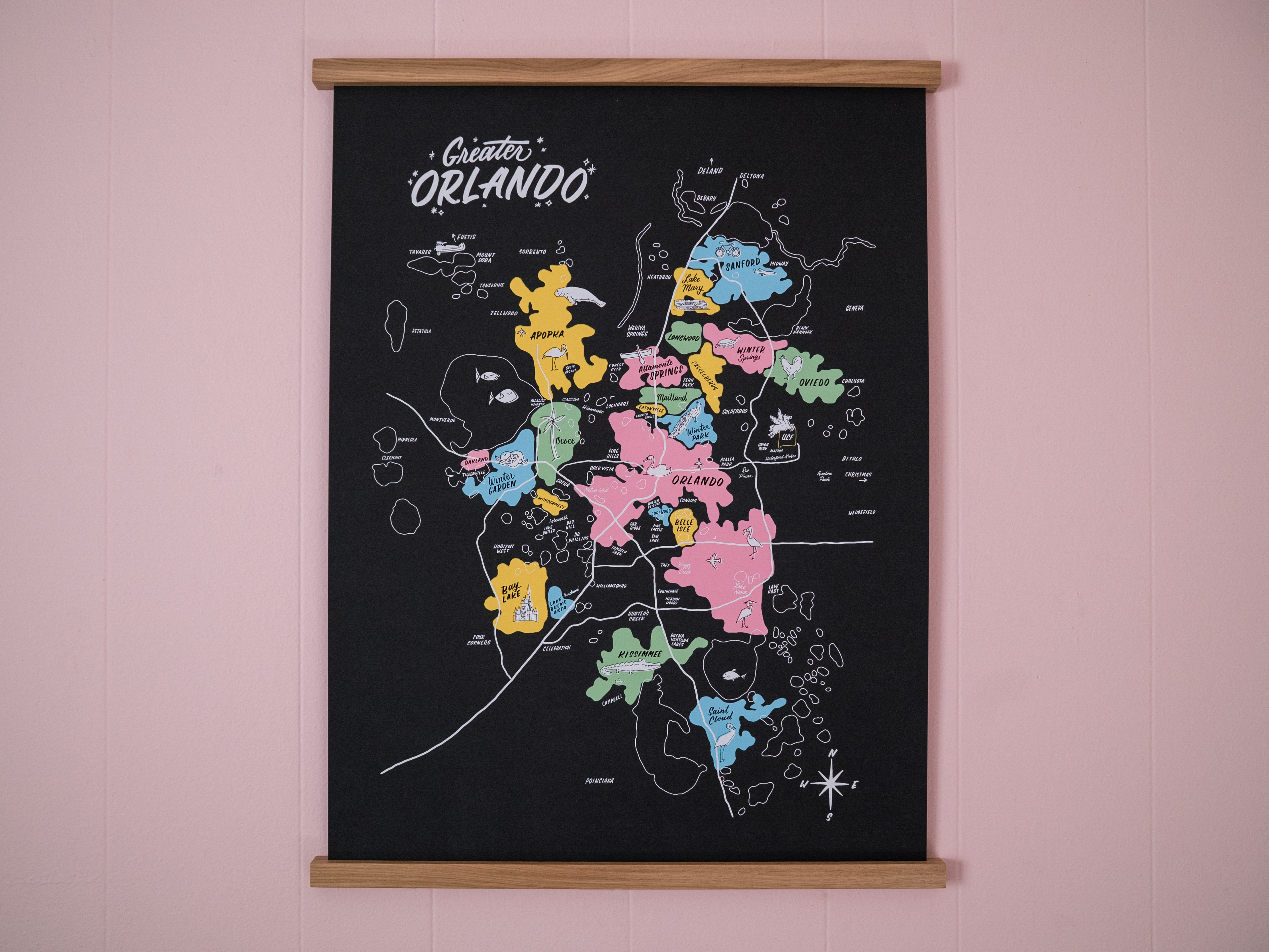 Greater Orlando hand lettering map poster by Hillery Powers (Disney, Winter Park, UCF, Lake Nona, Altamonte Springs)