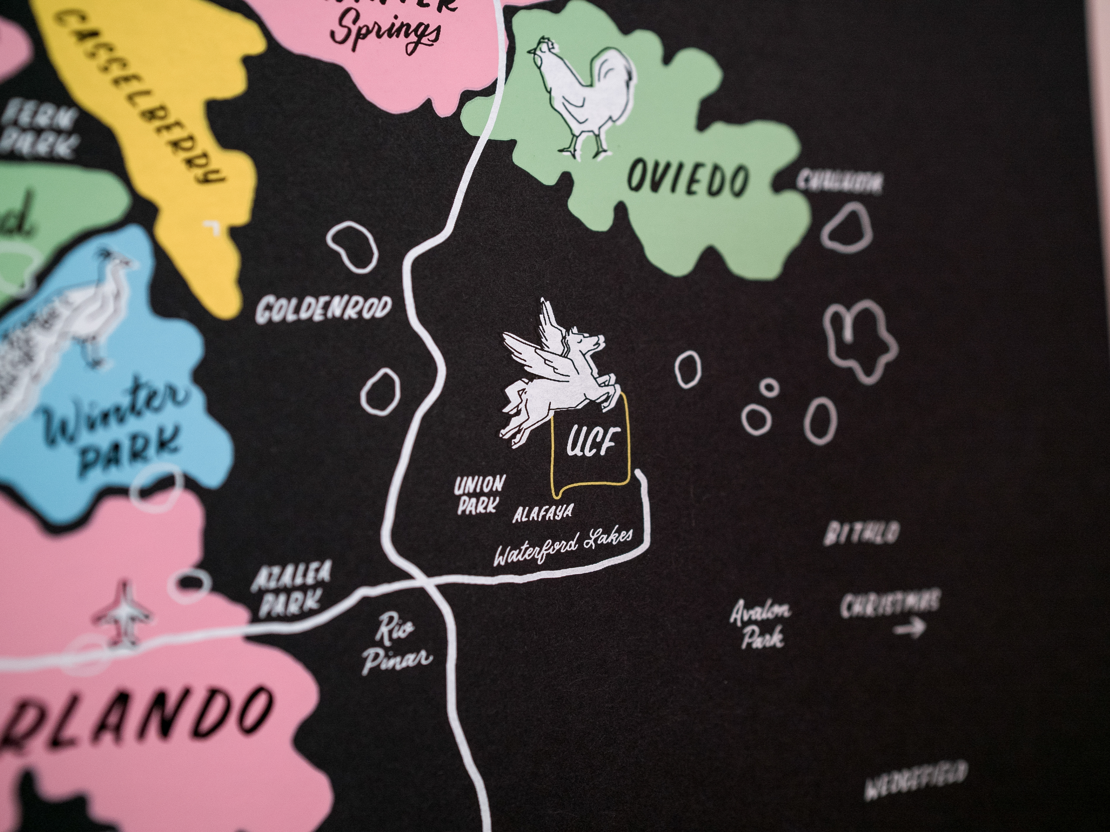 Greater Orlando hand lettering map poster by Hillery Powers (Disney, Winter Park, UCF, Lake Nona, Altamonte Springs)