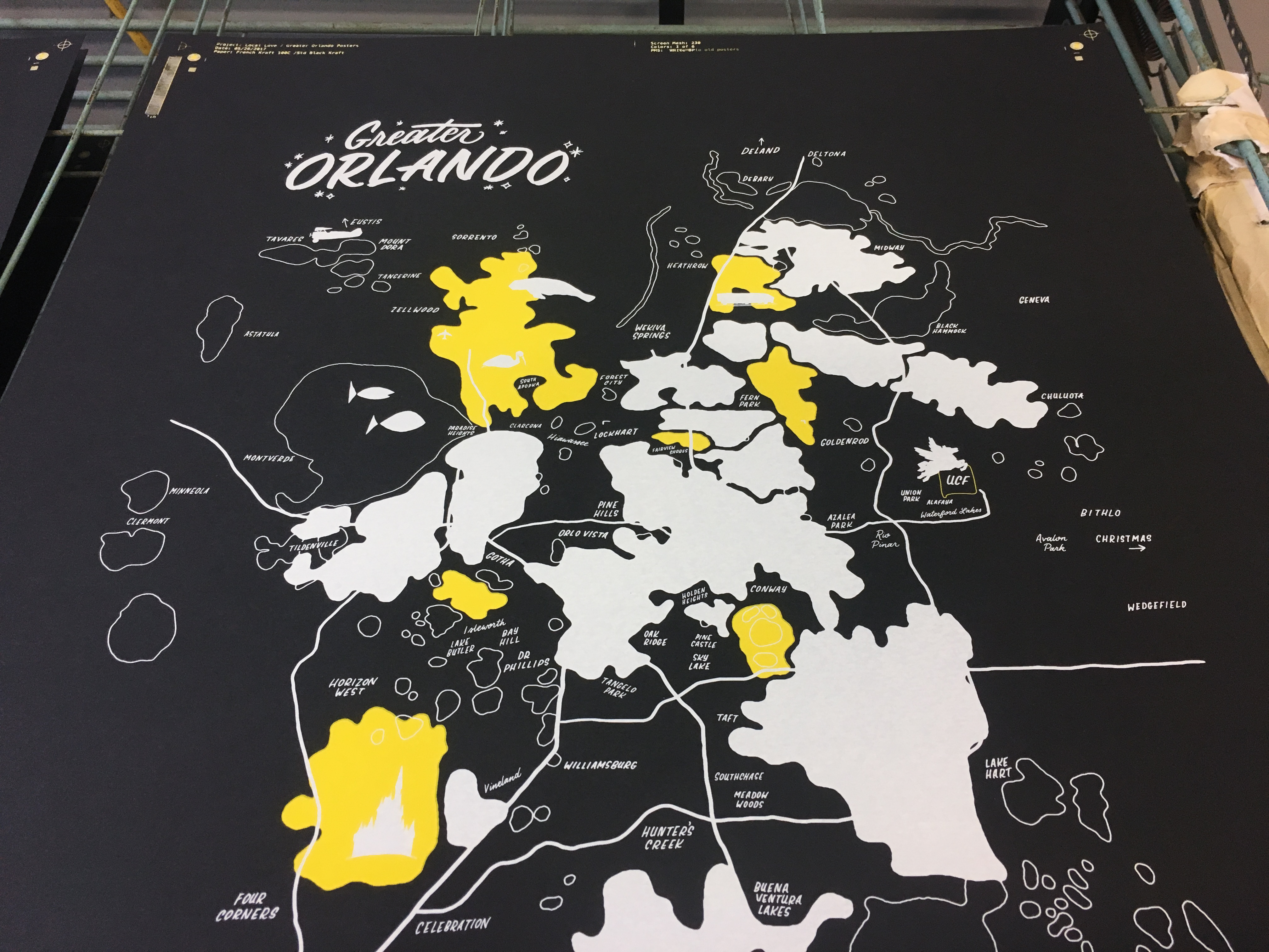 Greater Orlando hand lettering map poster by Hillery Powers (Disney, Winter Park, UCF, Lake Nona, Altamonte Springs)