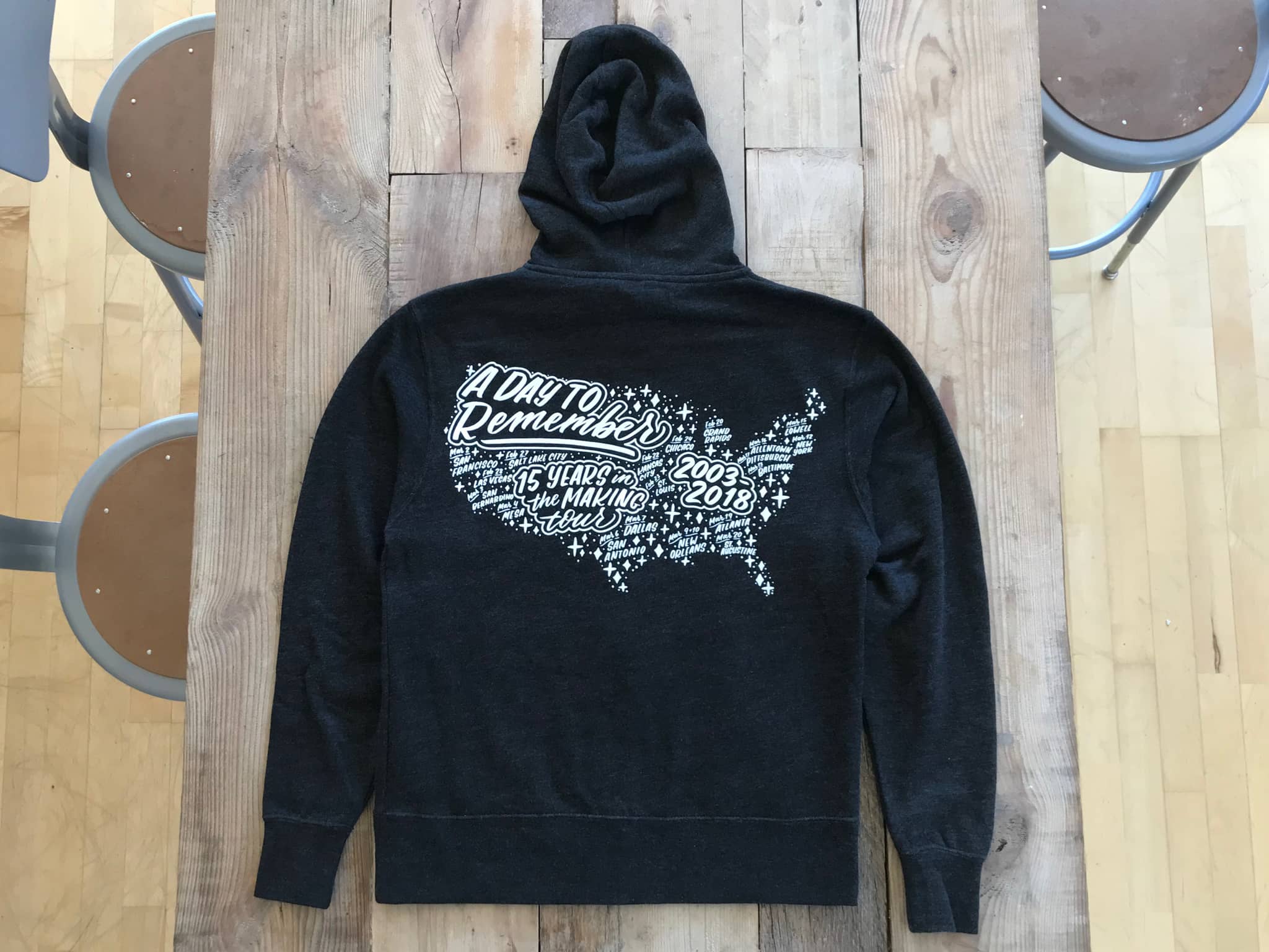 A Day to Remember 15-year tour hoodie hand lettered