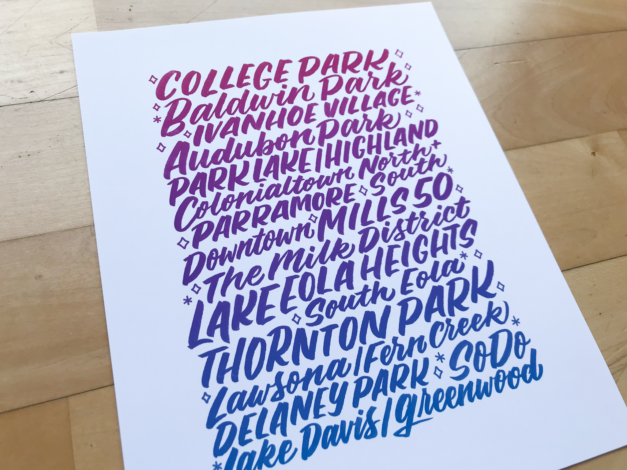 Downtown Orlando Neighborhood prints hand lettered by Hillery Powers